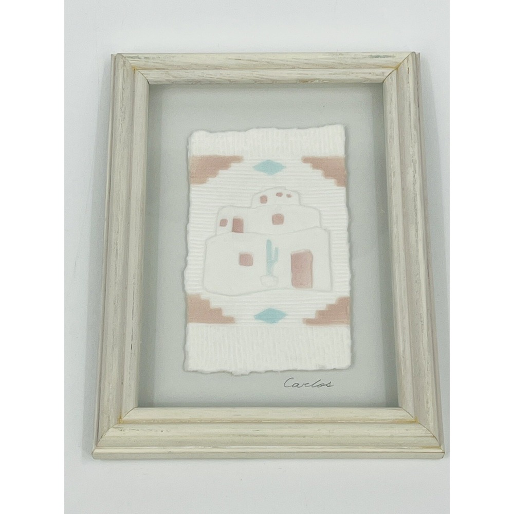 Vintage Figi Graphics Framed Hand Cast Paper Art Southwestern Theme Adobe Carlos